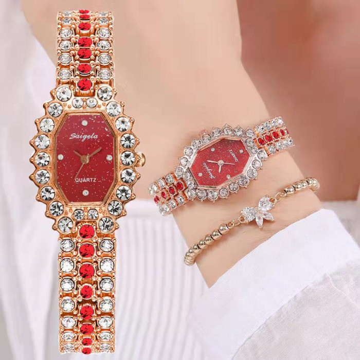 Fashion Simple Women Watches With Bracelet Set Quartz Wristwatch Shiny Stone Red Colour