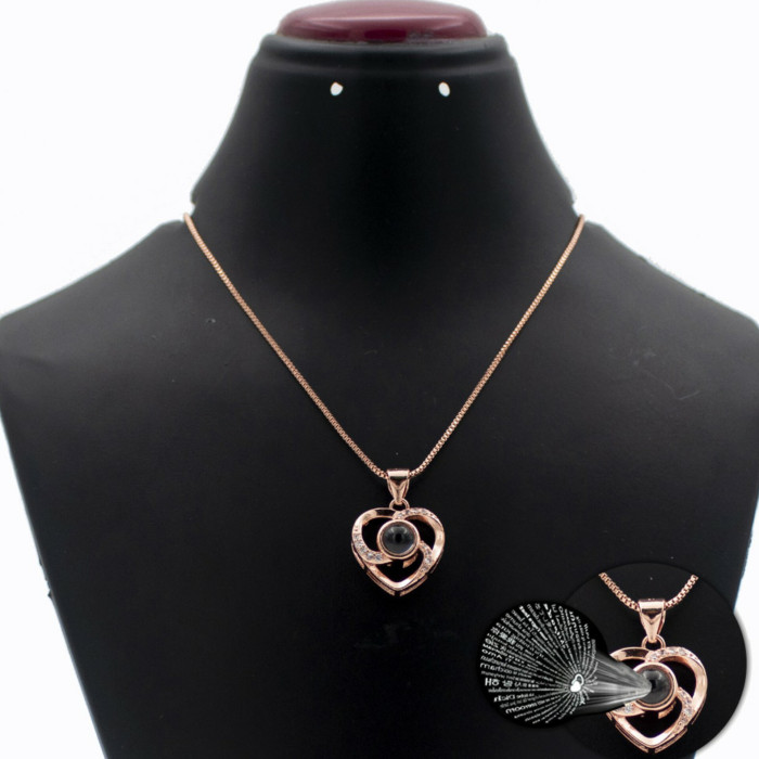 Romantic Memory Rose Heart Projection 100 Language I Love You Necklace for Lover Couples- Rose Gold